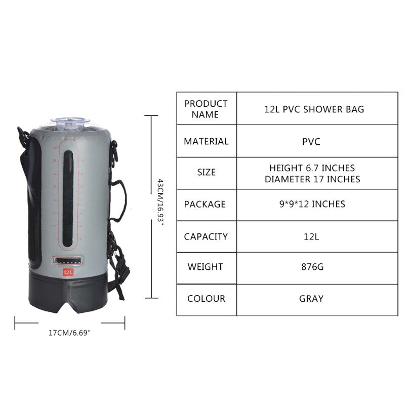 12L Solar Heating Camping Beach Shower Bag with Pressure Pump