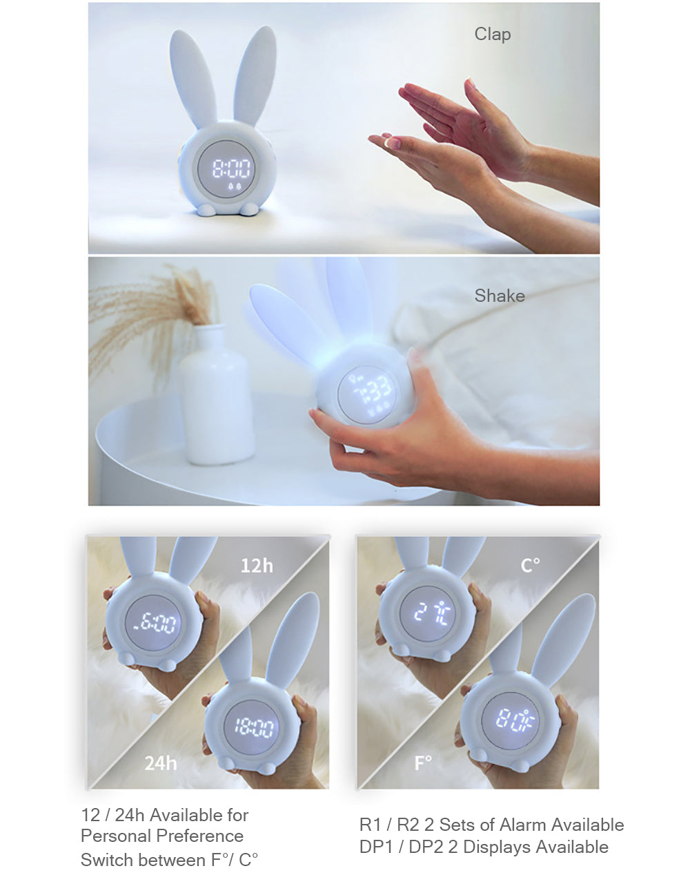 Cute Bunny Ear LED Digital Alarm Clock